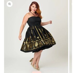 Unique Vintage Black Gold Astrological Chart Sweetheart Halter Swing Dress EUC